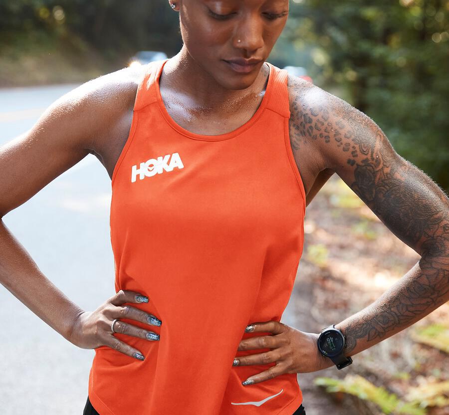 Hoka Australia One One Performance Tank - Womens Tops Orange - PUGRZ-3148